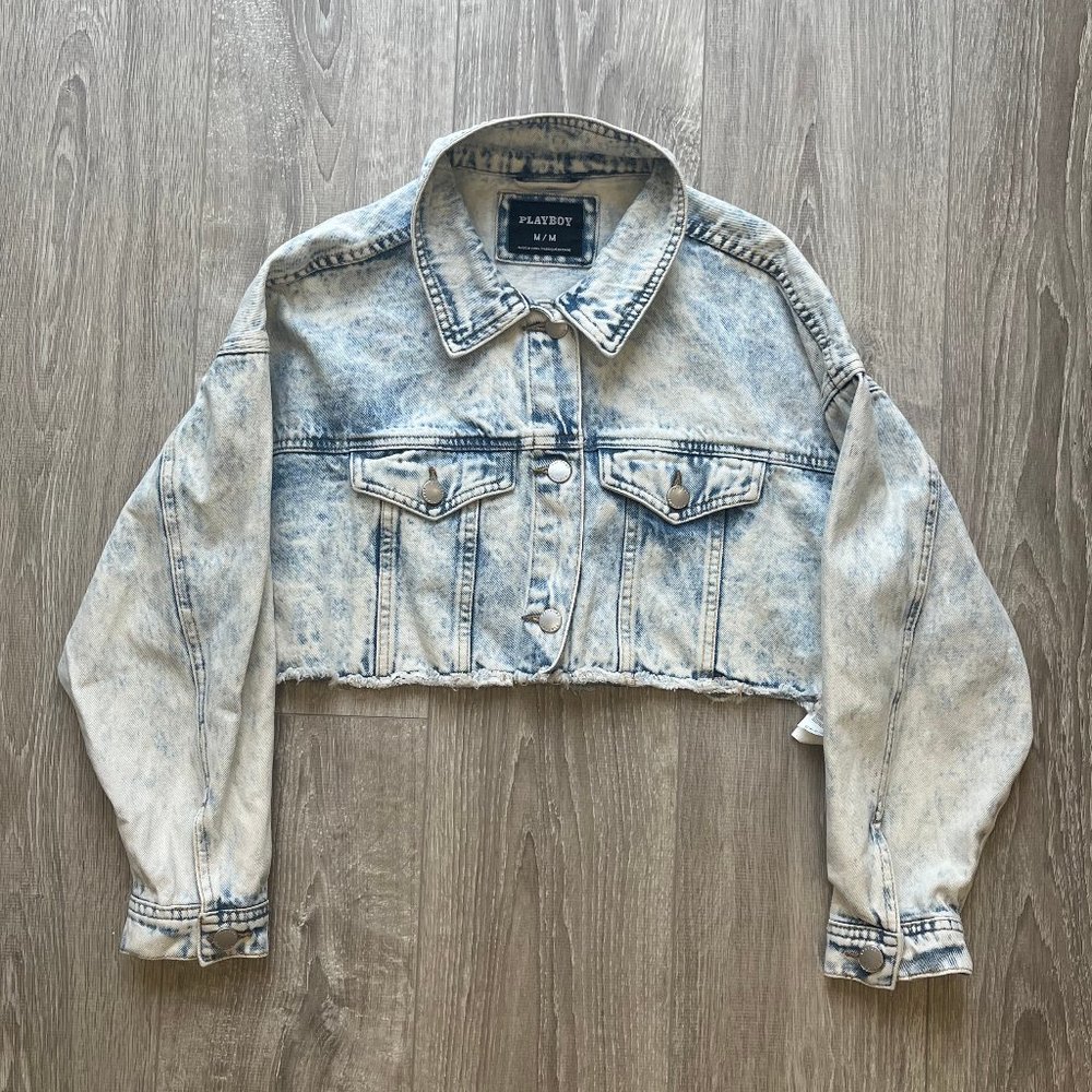 Playboy Cropped Denim Jacket - Light Denim Blue